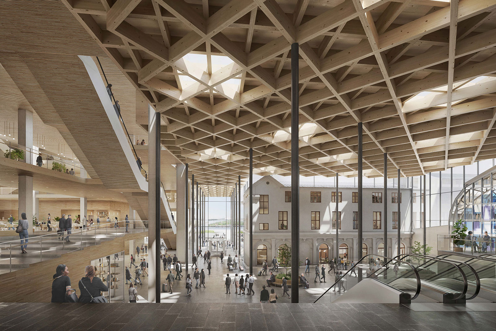 Illustrasjon som viser det foreslåtte stasjonstorget med Østbanehallen i bakgrunnen.