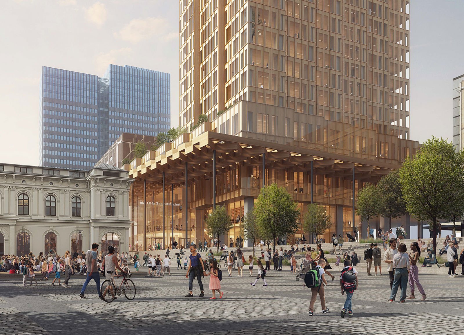 Illustrasjon med høyhus der Flytogterminalen er i dag. Østbanehallen t.v. og Posthuset i bakgrunnen.