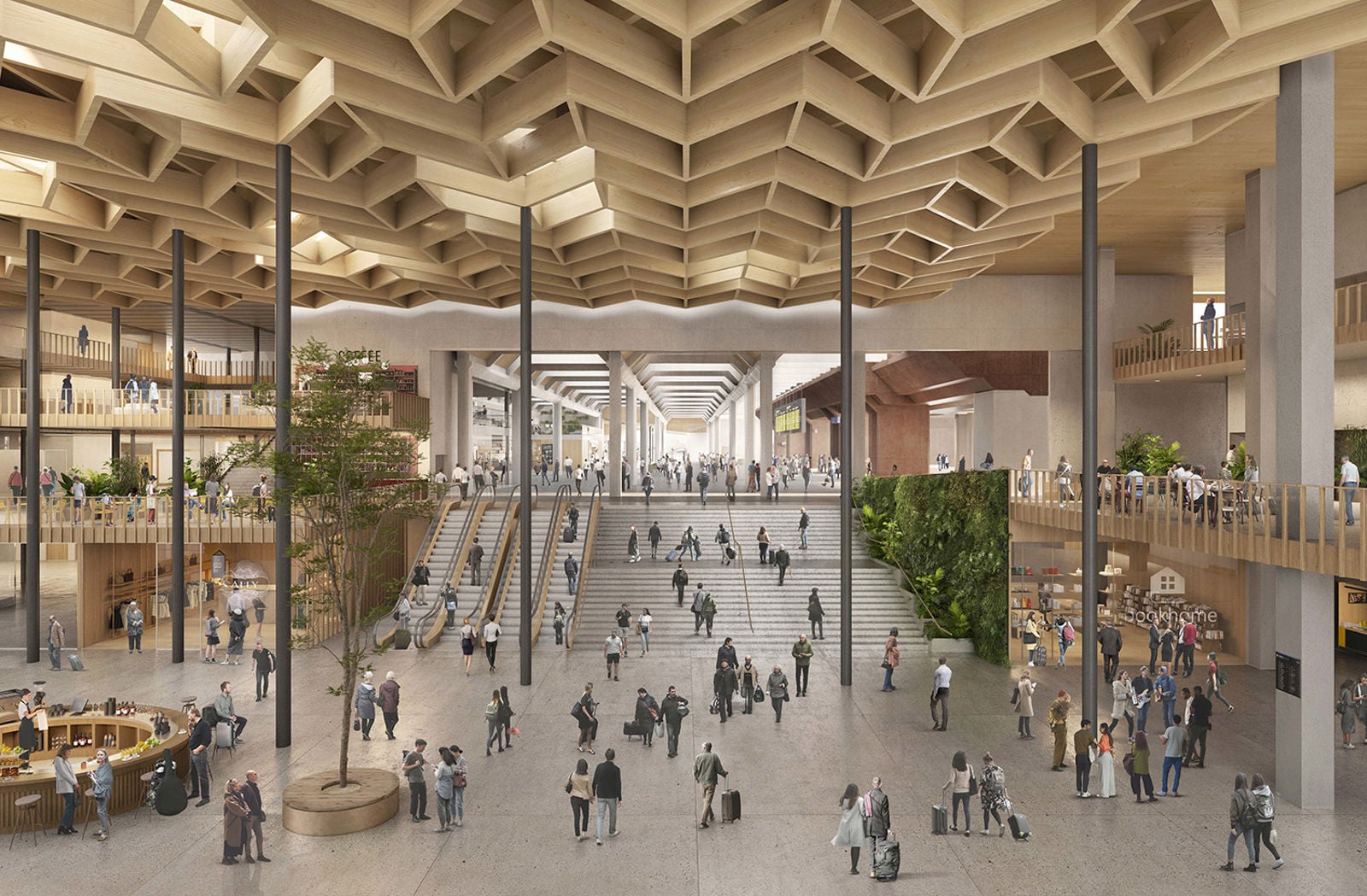 Stort åpent areal, trapper og rulletrapper opp til sentralhallen, butikker på begge sider.