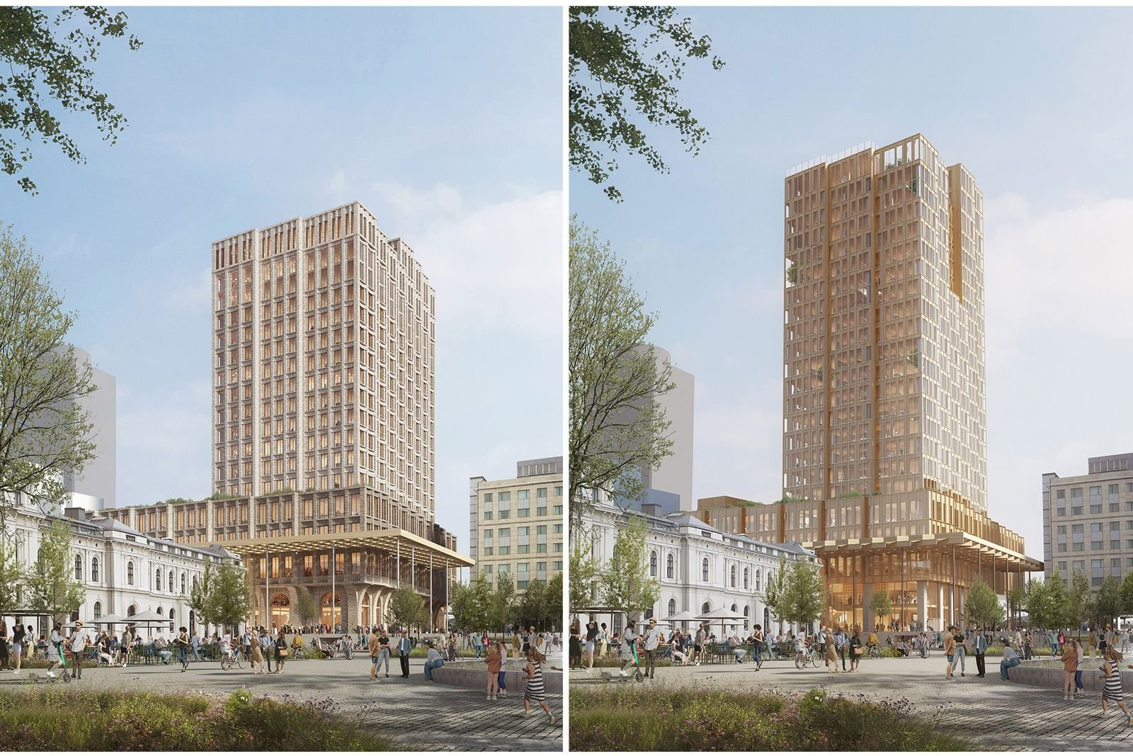 Illustrasjon av Nordisk lys fra Christian Fredriks plass. Til venstre: 82 m. Til høyre: 100m.