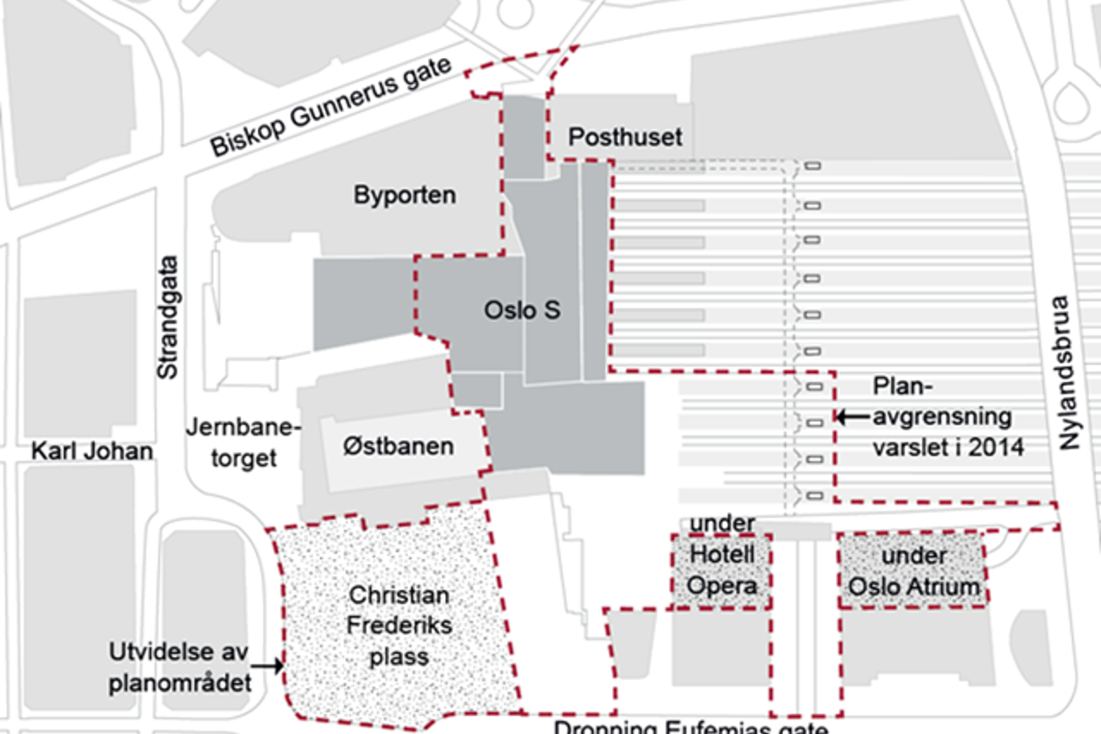 Illustrasjon av hvordan stasjonsområdet rundt Oslo S skal utvides.