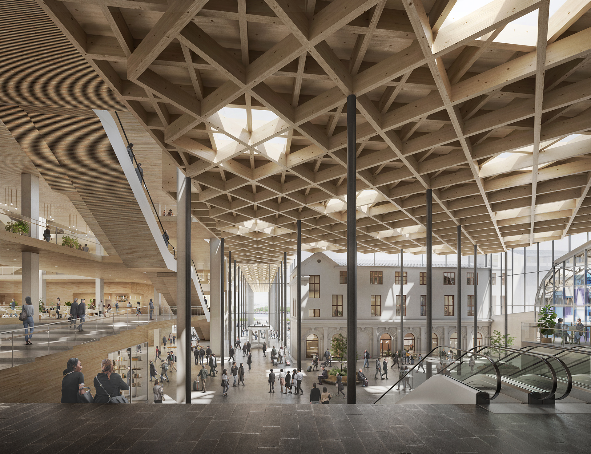 Åpent rom mellom stasjonshallen og Østbanehallen, med utsikt mot Hovedøya.